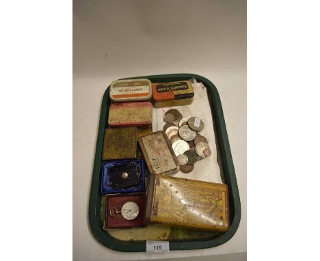 TRAY OF VINTAGE TINS, WORLD COINAGE