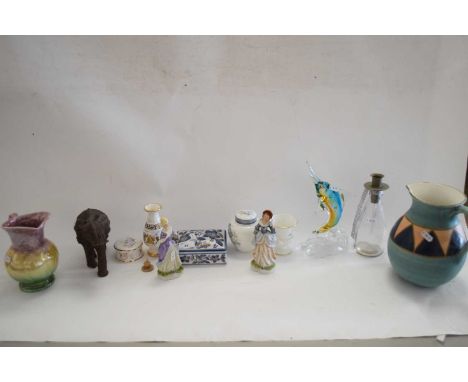 VARIOUS DECORATED JUGS, ART GLASS FISH, FIGURINES, VASES, MODEL ELEPHANT ETC