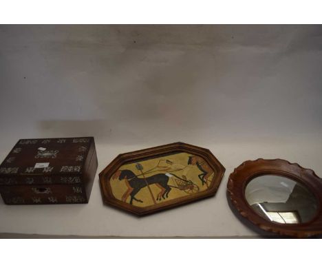 19TH CENTURY MOTHER OF PEARL INLAID JEWELLERY BOX TOGETHER WITH A CIRCULAR WALL MIRROR AND A DECORATED TRAY