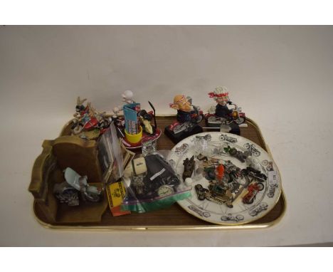 TRAY OF MODEL MOTORBIKES, ORNAMENTS, VINTAGE PHOTOGRAPHS, MODERN WRIST WATCHES ETC