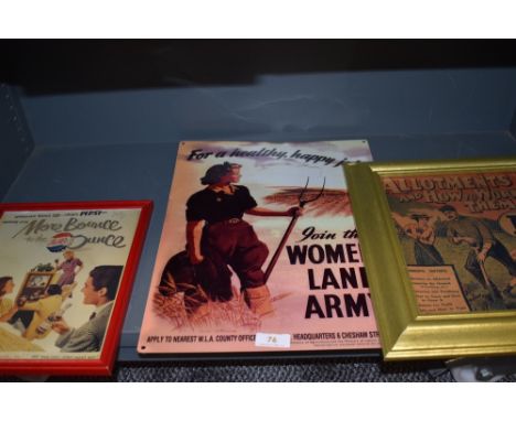 A small collection of reproduction advertising pictures in frames and enamel sign, including land army.