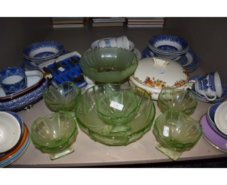 A selection of vintage ceramics including blue and white part tea service, floral Palissy ware tureen, and green glass 1930s 