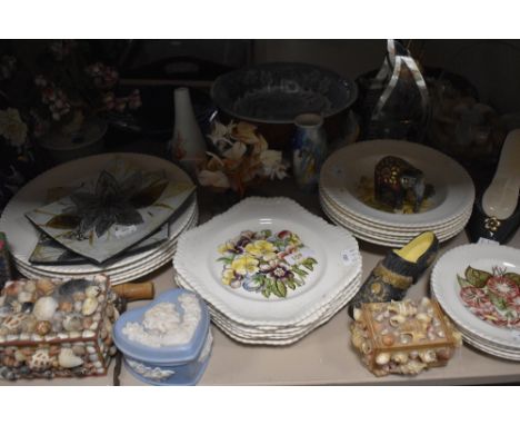 A mixed lot of ceramics, including Johnson Brothers plates having floral decoration, trinket boxes, vases and more.