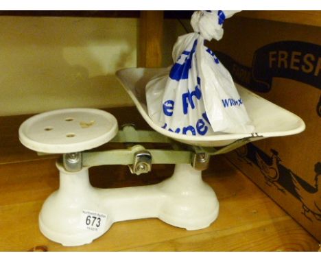 Set of vintage kitchen scales including weights