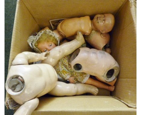Box of vintage dolls including a German example ~ all requiring attention