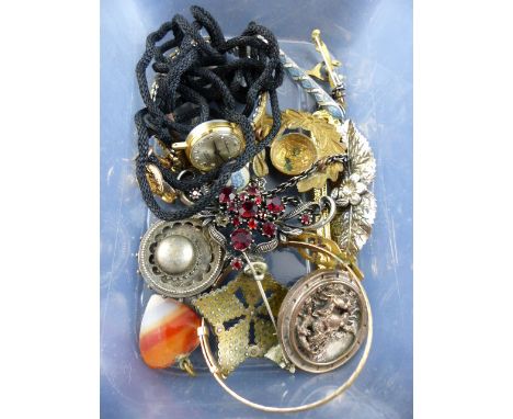 Seven brooches including silver and a bangle, pendant and wristwatch