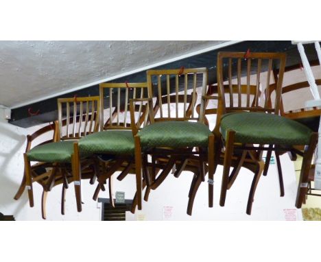 Set of four highback light hardwood upholstered dining chairs including a carver