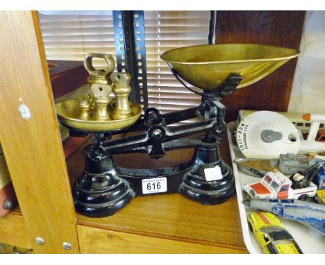 Vintage style set of kitchen scales with bell weights