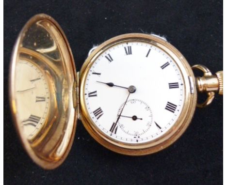 Rolled gold full hunter pocket watch, lacking inner crystal