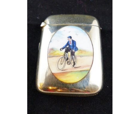 Victorian vesta case with hinged cover and oval enamel panel of a man on a bicycle