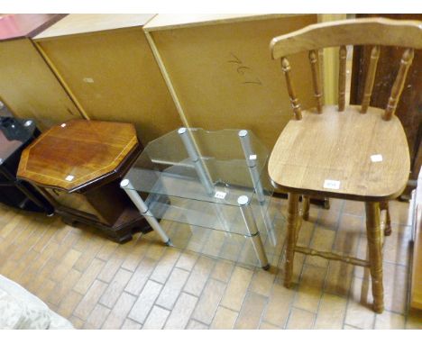Bar stool, glass TV stand and an inlaid and glazed TV cabinet