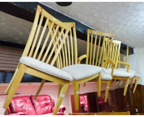 Set of six highback light hardwood upholstered dining chairs including two carvers