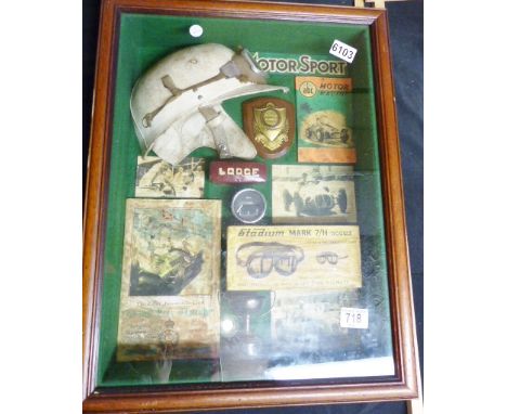 1950s style diorama of vintage racing car memorabilia. H: 58 cm, W: 45 cm
