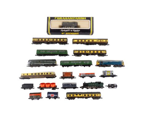 An N-gauge tank engine - in BR livery, boxed, together with five further N-gauge engines and a quantity of rolling stock. (qt