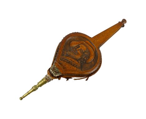 A pair of early 20th century wooden bellows - carved with a profile portrait of Charles I and with a turned brass spout, leng
