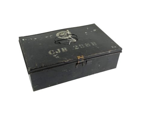 A St John Ambulance First Aid box - the black steel trunk with contents, including splints and dressings.