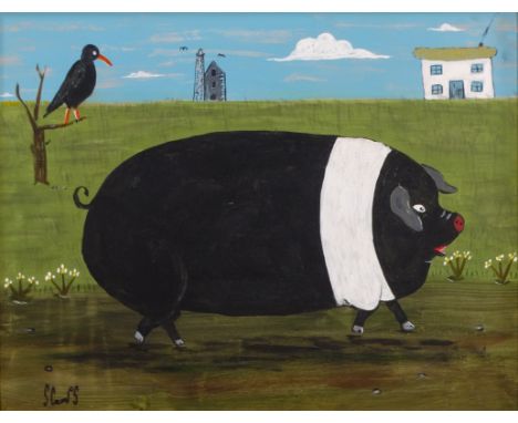 Steve CAMPS (Cornish contemporary b.1957) Hampshire Hog with Chough and Engine House  Acrylic on board Signed lower left, dat