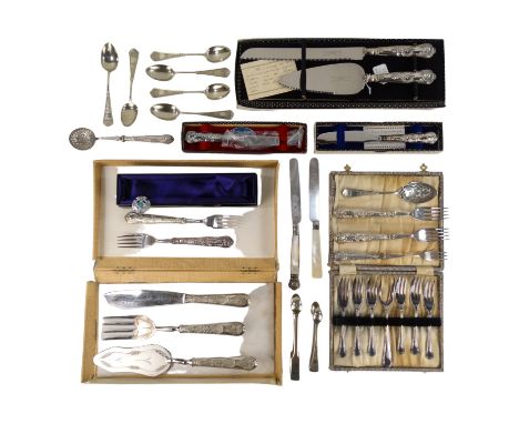 Four silver handle forks - together with further silver handle flatware and some plated items.