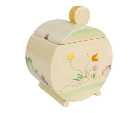 A Clarice Cliff for Wilkinson Ltd preserve pot - Bon Jour pattern decorated with a garden pattern, height 11cm.