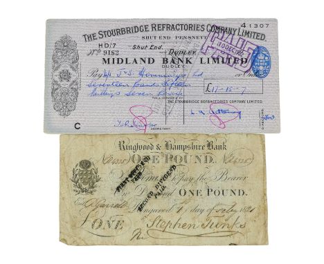 A Ringwood &amp; Hampshire Bank £1 note - numbered 4335 and signed by Stephen Tunks, together with a paid Midland Bank Limite