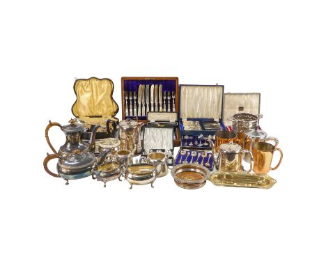A quantity of plated ware - including a four piece tea service, a bottle coaster and another, two copper mugs, sundry other t
