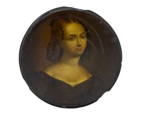 A 19th century papier mache circular box - decorated with a portrait of an elegant lady, indistinctly signed to interior, dia
