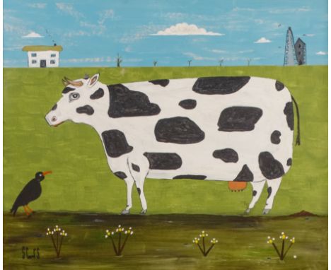 Steve CAMPS (Cornish Contemporary b. 1957) Piebald Cow With Chough And Engine House  Acrylic on board  Signed lower left, dat
