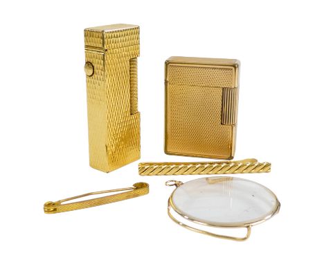 A mid 20th century Dupont lighter - of squat rectangular form with engine turning, together with a gilt Dunhill lighter, two 