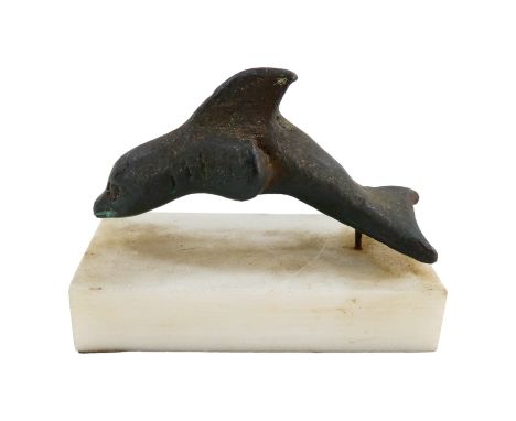 A bronze dolphin, probably Roman - raised on a later mount, width 6cm.