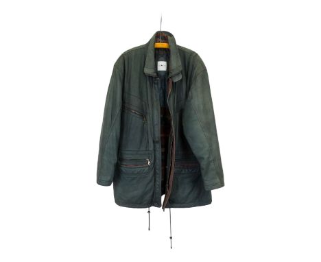 A gentleman's blue leather overcoat - with zip pockets and a knitted and quilted lining. 