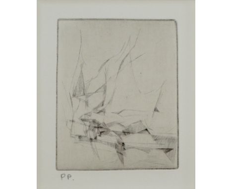 # John WELLS (British 1907-2000) Untitled abstract Dry point etching  Inscribed P.P. (printer's proof) Picture size 14 x 12cm