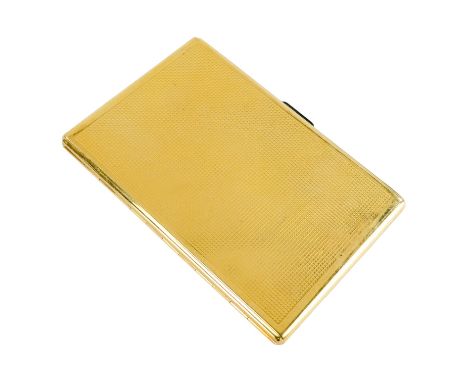 An 18ct gold cigarette case - rectangular with engine turning, the interior engraved with ownership initials, weight 201g.