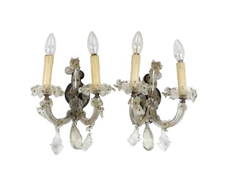 A pair of vintage cut glass twin branch wall lights - with faceted drops, height 40cm.