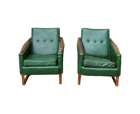 A pair of vintage easy chairs - circa 1960's, green rexine button upholstered with teak show-wood arms (2)