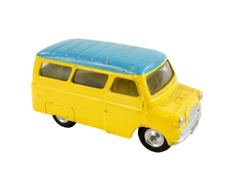 Corgi Toys 404 Bedford Dormobile Personnel Carrier - yellow body with light blue ribbed roof, silver trim and spun hubs.