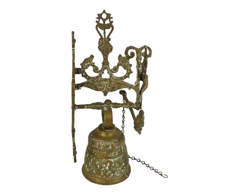 A 17th century style Monastery type bronze bell - cast with figures and beasts, height 38cm.