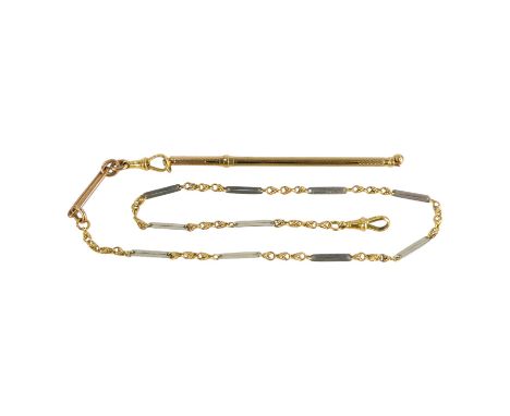 A 9ct gold swizzle stick - engine turned, on a gilt metal chain with 18ct gold clasps, weight 18g.