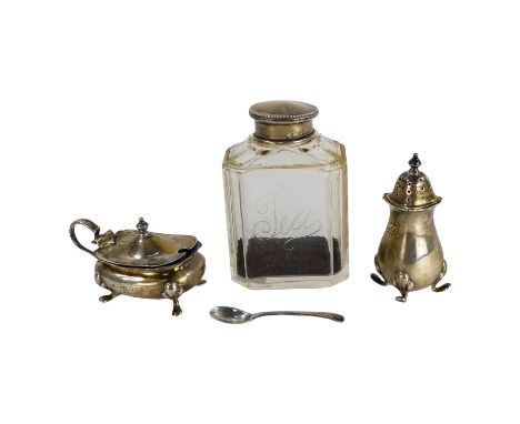 A glass and silver mounted tea caddy - rectangular with canted corners, together with a silver pepper and a mustard with spoo