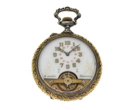 Hebdomas - Early 20th Century pocket watch, the cut-away dial marked 8 Jours Hebdomas beneath Arabic chapter ring over expose