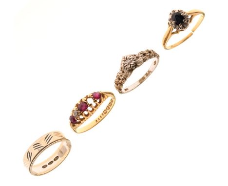 Four various rings comprising: 18ct gold, diamond and ruby-coloured red stone dress ring, together with a white metal ring st