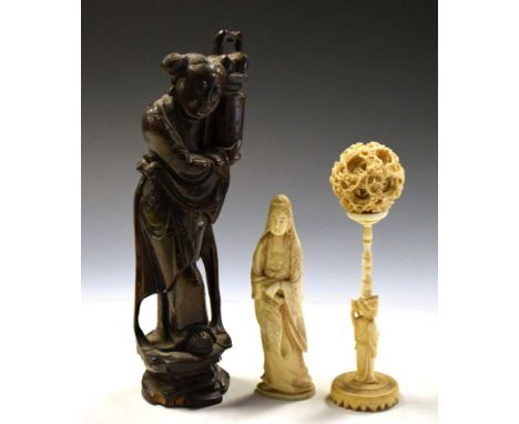 Japanese Meiji period carved ivory okimono depicting Kwanyin or Guanyin, Goddess of Mercy holding a scroll, 15.5cm high, toge