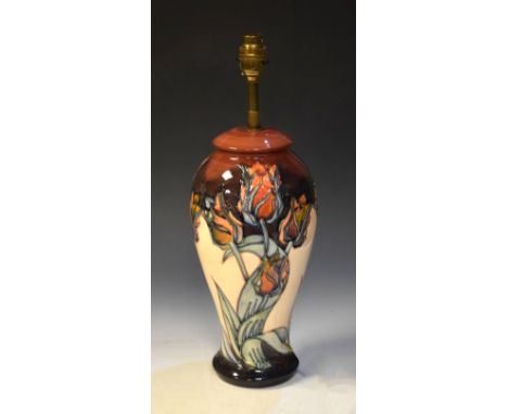 Moorcroft Tulip pattern baluster shaped vase, 32cm high to base of brass light fitting  