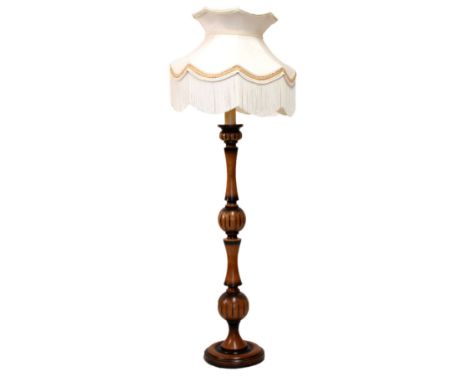 Turned fruitwood standard lamp with shade  