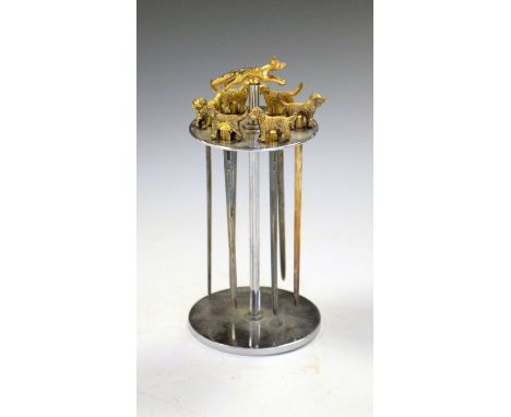 Hunting Interest - Set of six George VI silver cocktail sticks, the handles in the form of a foxhound dog, on a chrome plated