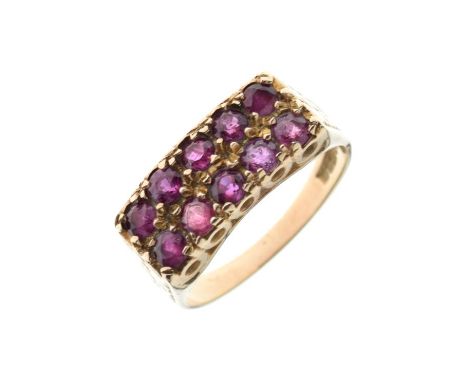 9ct gold and ruby-coloured red stone dress ring set with two rows of five stones, size R, 4.9g gross approx  