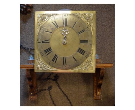 18th Century brass square dial longcase clock movement, the chapter ring inscribed Raymond Lydenay, mounted on an oak wall br