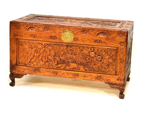 20th Century Oriental carved camphor wood trunk or bedding chest, 100cm wide  