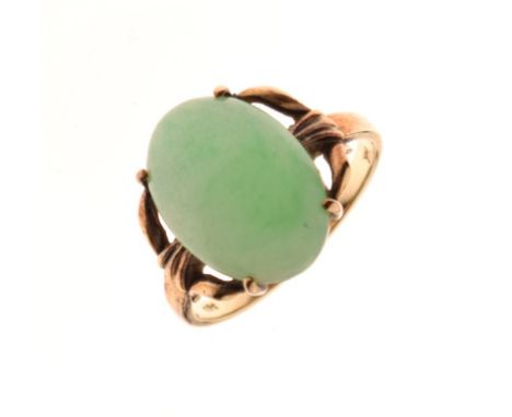 Yellow metal dress ring set oval celadon jade-coloured cabochon, shank stamped 14k 585, size M, 3.1g gross approx  