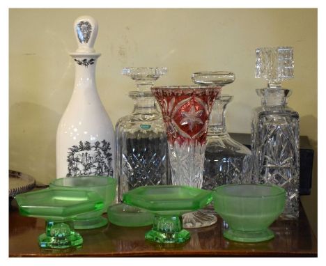 Quantity of cut glass decanters, table glass, pair of Theatre Royal engraved goblets, cased and a Coalport ceramic decanter  