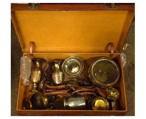 Vintage leather trunk and a quantity of decorative brass pewter etc  